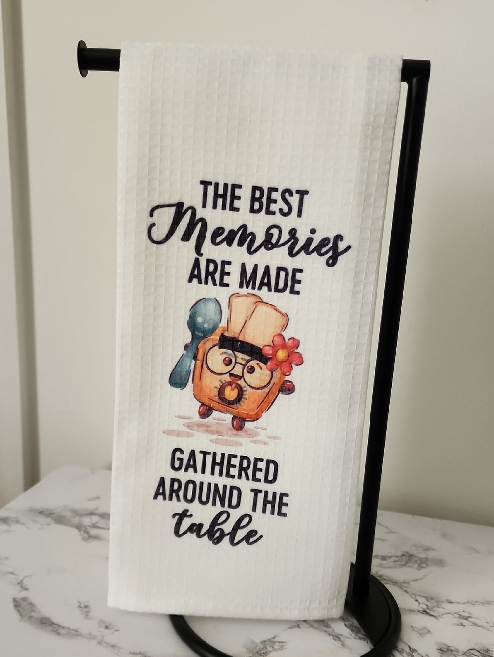 White Kitchen Towel with Playful Toast Graphic and Quote 18i. X 28in